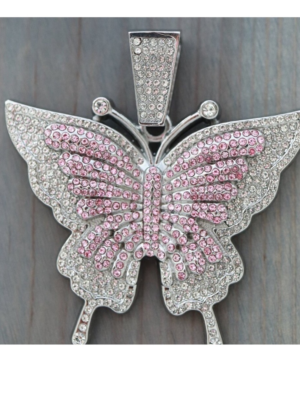 Silver Butterfly Pendant Necklace with Pink Crystals